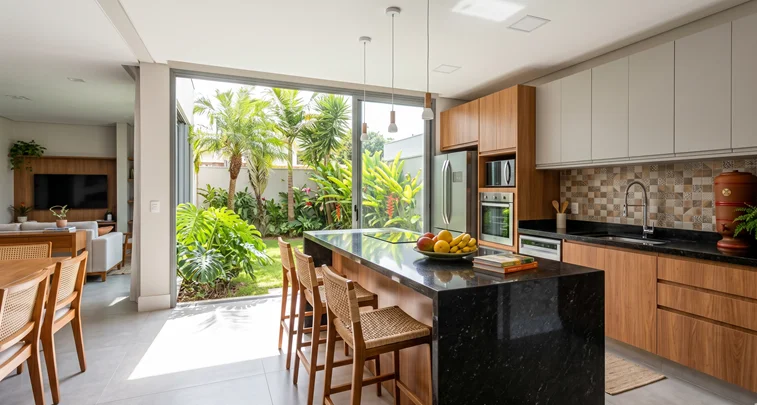marmoraria-bancada-granito-preto Bancada de granito preto em cozinha moderna em Guarapari ES