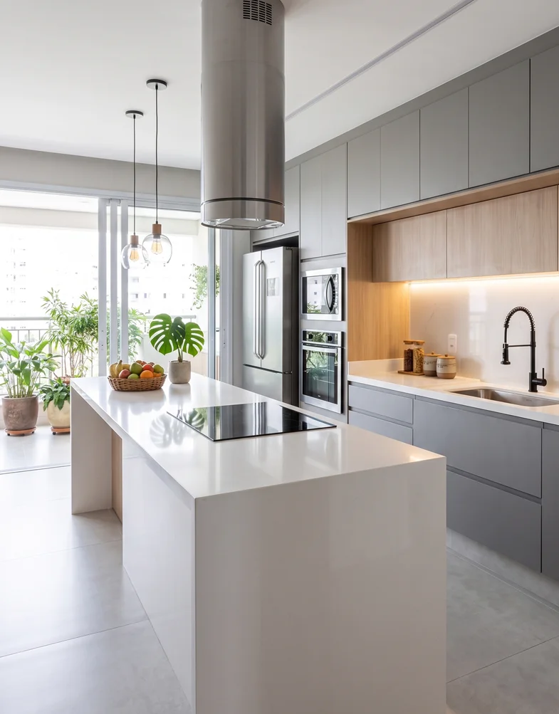 bancada de quartzo branco em cozinha moderna, acabamento clean, design contemporâneo, fotografia realista